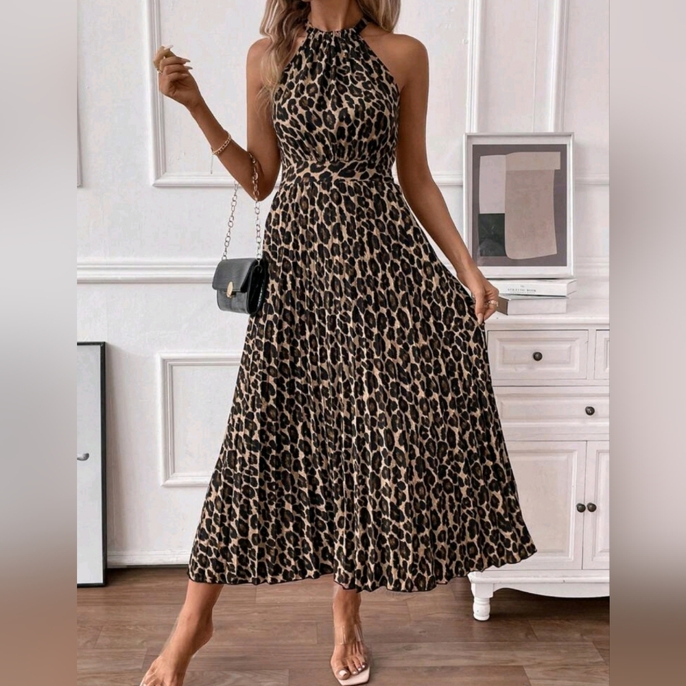 New Chic Strappy Halter Leopard Print Dress Pleated Sleeveless Tan Brown Black - Picture 6 of 8